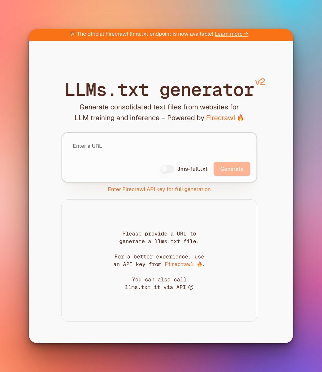 Fed up of scraping each webpage for your LLM prompt?

Check out <a href="/firecrawl_dev/">Firecrawl</a>'s LLMs.txt generator! 🔥

→ llmstxt.firecrawl.dev

It compiles your entire website into a single text file, making it easy to use w/ any LLM and saving you time on curating context for your prompts.