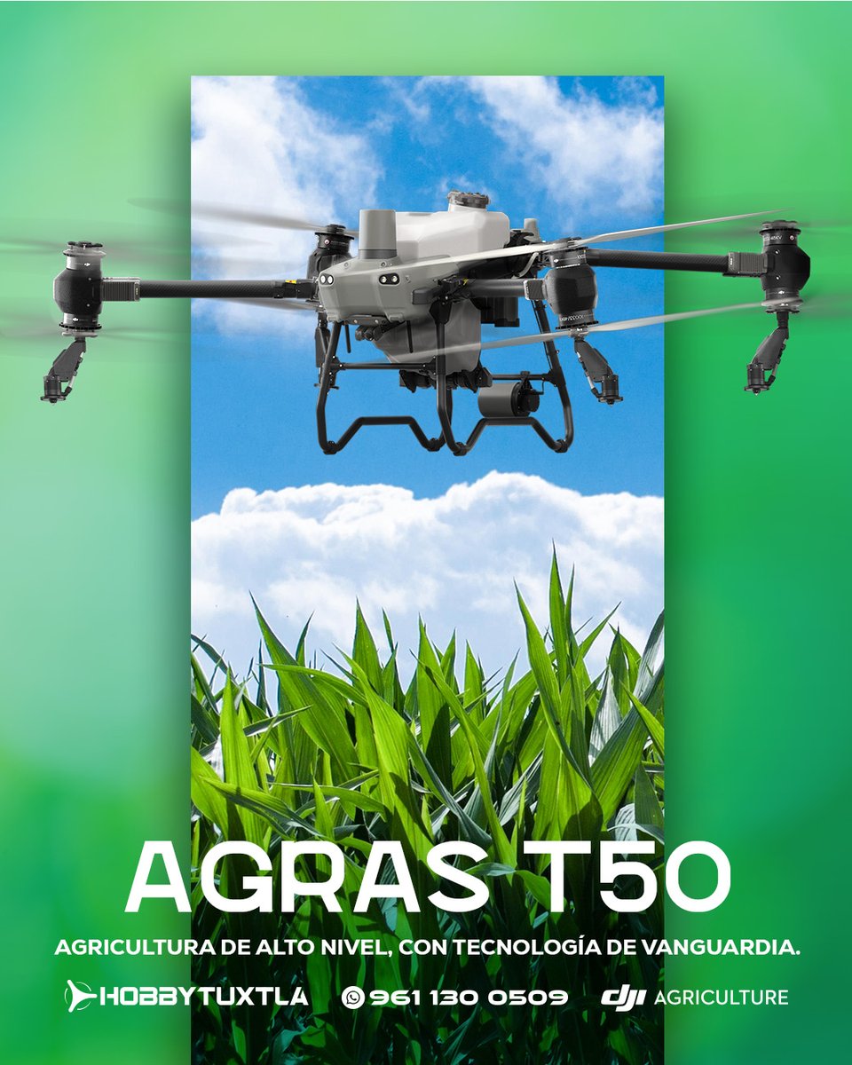 🌾 Optimiza tu cultivo con el DJI Agras T50 🌾

🚀 Preciso, rápido y eficiente
✅ Pulverización sin desperdicio
✅ Cobertura de hasta 21L/min
✅ Seguridad con radar y visión binocular
✅ Menos costos, más producción
📩 Cotiza en HOBBYTUXTLA
#AgrasT50 #DronAgrícola #DJIAgriculture