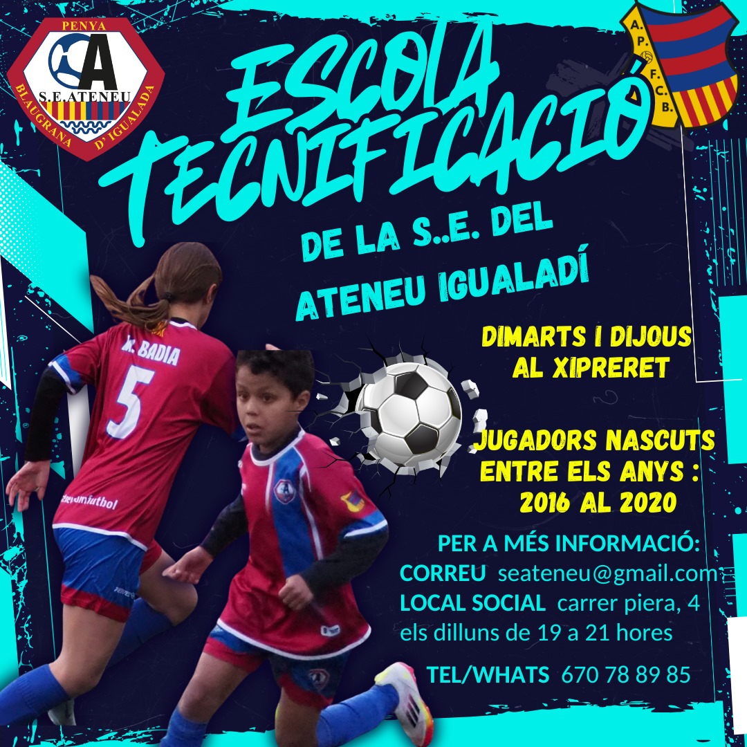 seateneu's tweet photo. Vols començar a practicar futbol? Apuntat a l'escola de tecnificació de la S.E. de l'Ateneu Igualadí. Contacta amb nosaltres i t'ampliarem informació.
@agrupaciofcb @esportigualada @s.e.ateneu @veuanoia @anoiadiari @anoianews @anoiencs
#seateneupbi #penyesfcb  #agrupaciófcb https://t.co/oueOYZGDxl