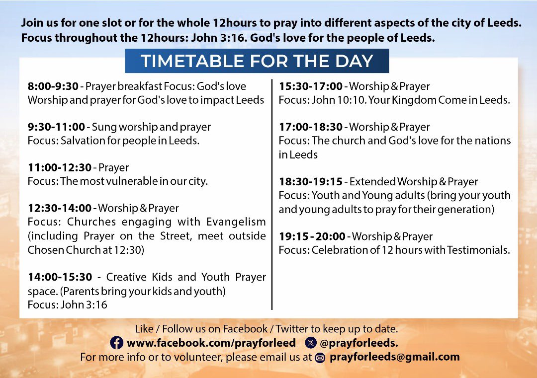 Join us for a day of prayer 🙏, 12 hours 8am to 8pm. Join us for the whole time or half an hour. See time table. 

Evangelism slot will involve people going out onto the streets praying and evangelising. 🙏