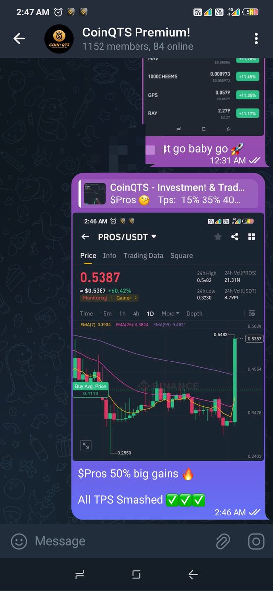 $Pros 🔥 50% big profit in Premium Group ✍️

For  Premium Group 👉  t.me/coinqts1

Only Spot Signals 👈

Lifetime premium membership fee $50 Only (One Time Payment)

#Crypto #Signals