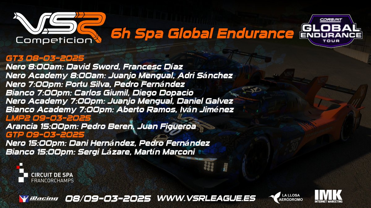 A nuestros pilotos les gusta Spa.
Este fin de semana tenemos carreras variadas en la Global endurance 6h Spa <a href="/iRacing/">iRacing</a> con GT3, LMP2 Y GTP.
Suerte y a divertirse en pista!!!🏁