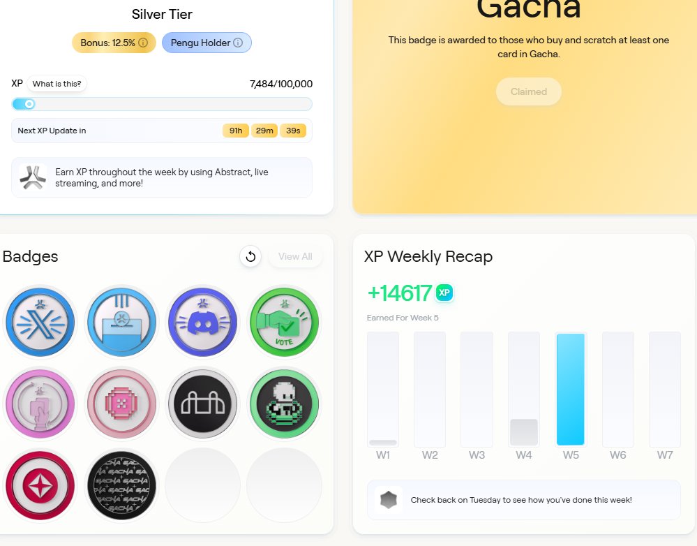 Herkes <a href="/AbstractChain/">Abstract</a>  üzerinde neler yapıp XP kazandığımı sormuş şu an için yaptıklarımı özetliyim. Geçen hafta 14k XP aldım bu hafta hedef en az 25 k 👇

🔷Her gün girip <a href="/playgigaverse/">gigaverse | crypto RPG</a> oyununu mutlaka oynuyorum. ( x.com/BBCrypt0/statu… )
🔷 Her gün <a href="/RoachRacingClub/">Roach Racing Club</a> oyununda