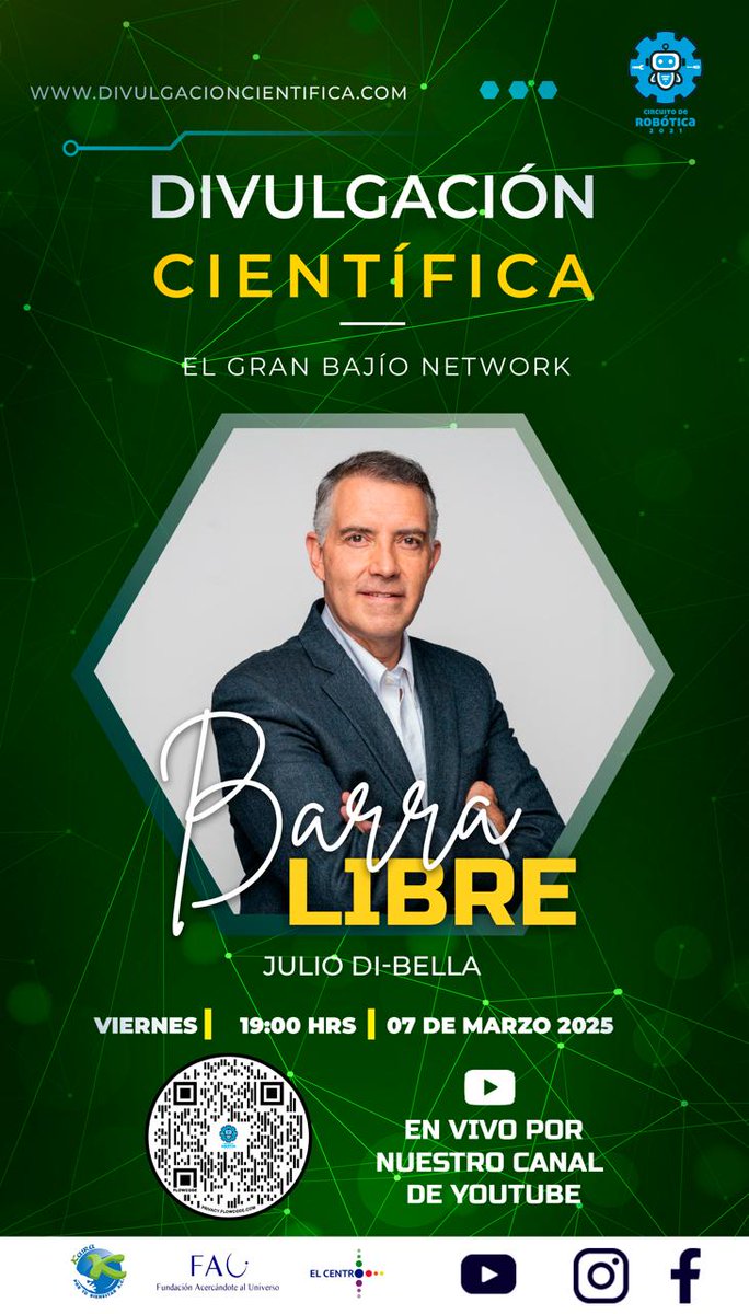 Hoy viernes 7 de marzo, en punto de las 19:00 horas, en la Barra Libre Científica, El Gran Bajío Network, con Julio Di-Bella, en vivo por nuestro canal de YouTube:
youtube.com/c/CircuitodeRo…
#yoveoinformaciónverificada