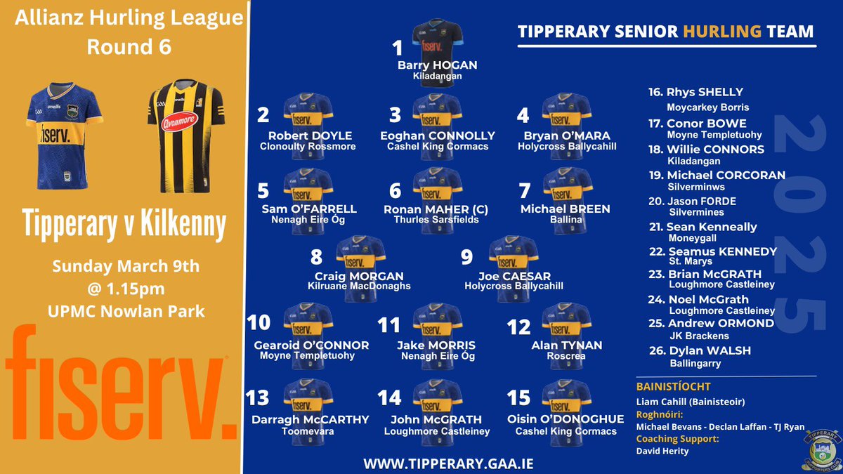 TipperaryGAA's tweet photo. 🚨 Allianz Hurling League Rd 6 🚨

Best of luck to Liam Cahill’s men in Nowlan Park this Sunday! 🏑💪 Throw-in: 1:15 PM.

🎟️ Grab your tickets online or at Centra/SuperValu—no sales at the venue!

Let’s pack the stands and back the boys! 🔵🟡 #UpTipperary https://t.co/HB7Bn48wYo