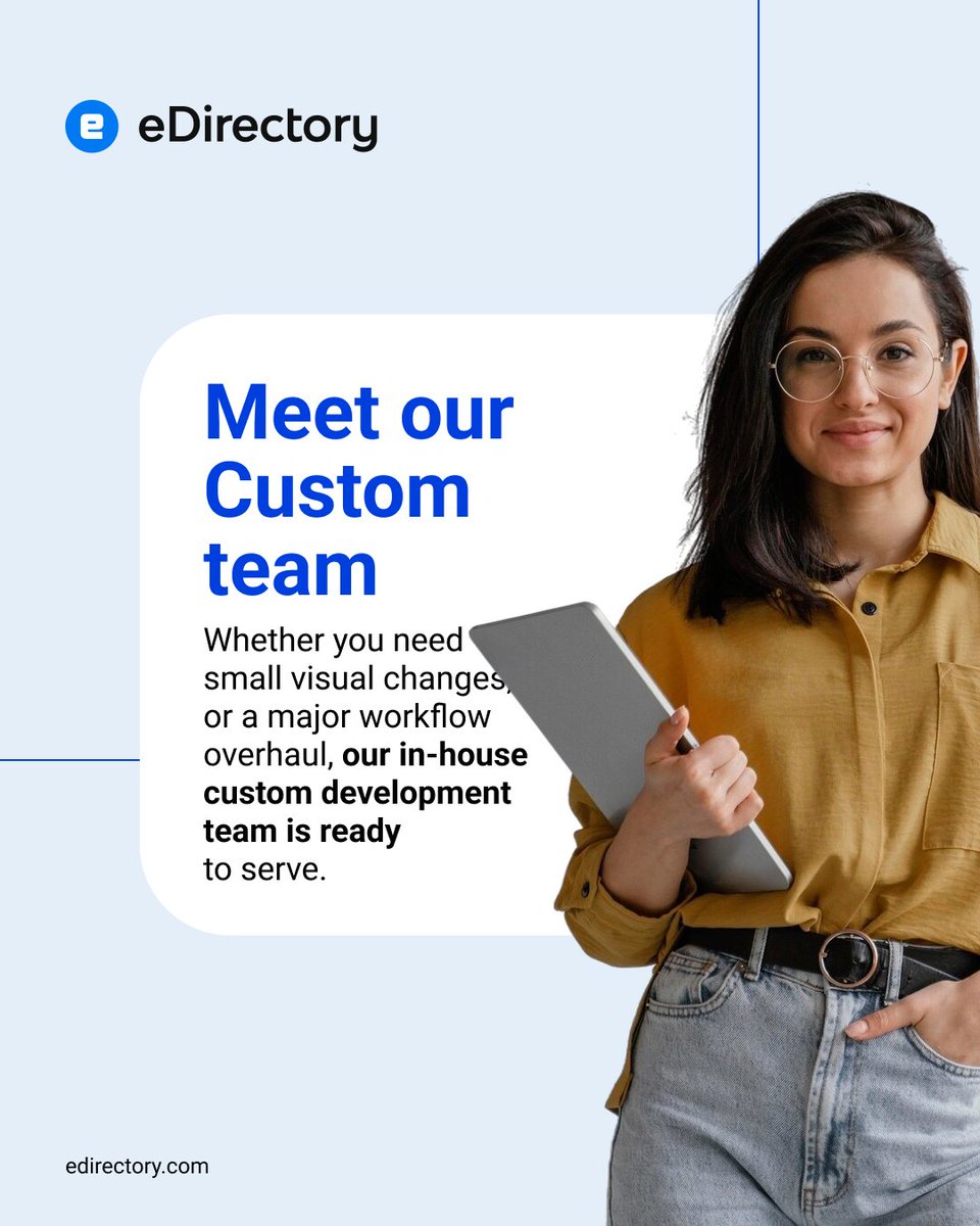 🚀 Need a Custom Solution? Our in-house team is ready to help with new features, design, or integrations! 

Get a quote now: edirectory.com/request-a-quot…

Let's make 2025 your year! 💻

Questions? DM or email sales@edirectory.com