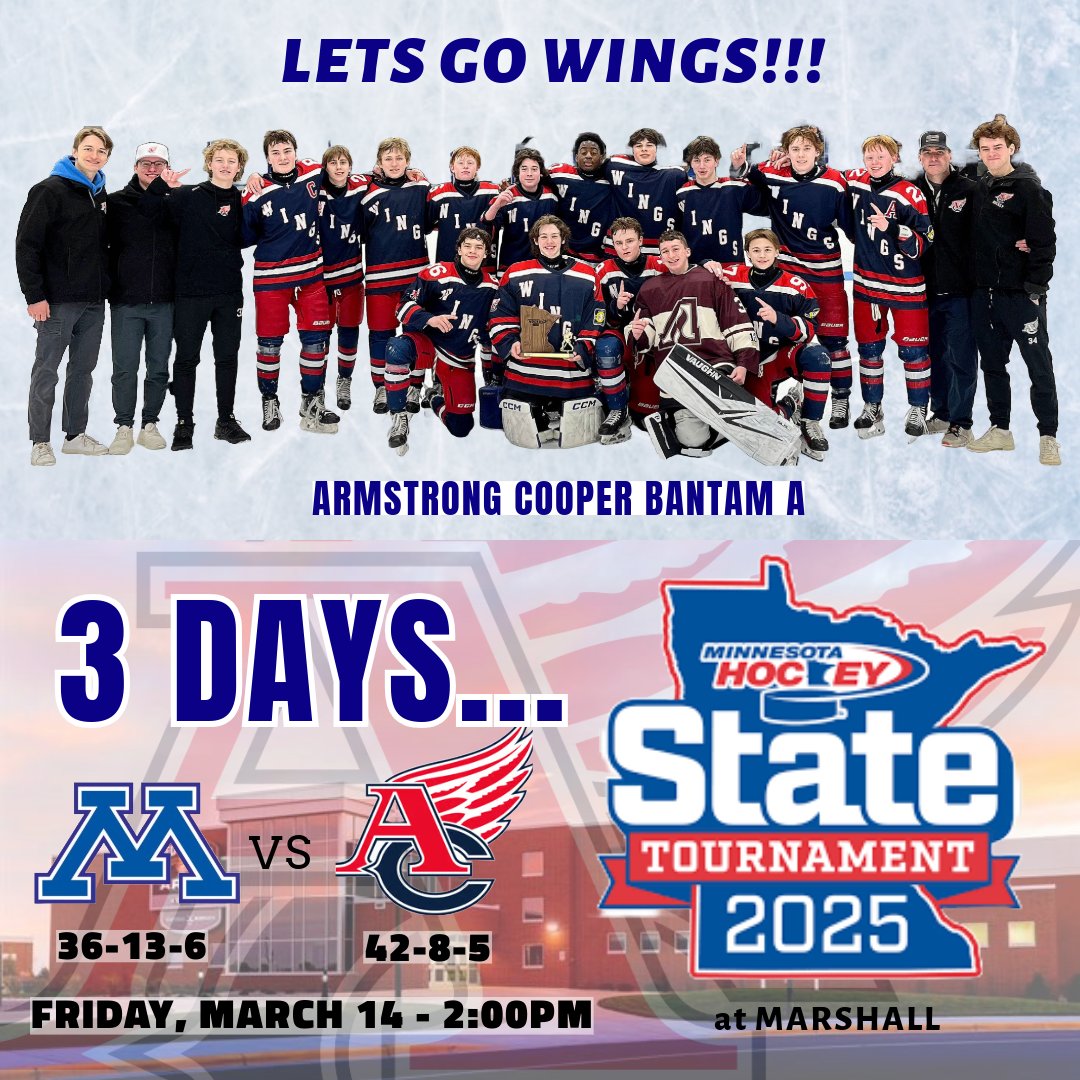 Three More Days!
Bantam A State Tournament at Marshall
Fri. March 14 - 2:00pm
<a href="/ACBantamA/">Armstrong Cooper Bantam A</a> (42-8-5) vs. Minnetonka (36-13-6)
minnesotahockey.org/page/show/8787…
STREAM: mnhockey.tv/youthmnhockeyy…