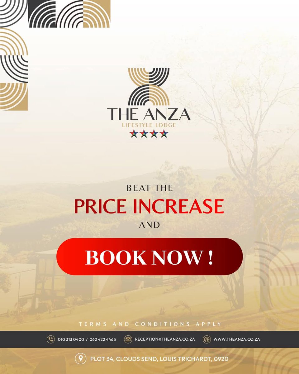 Lock in your stay at Anza Lifestyle Lodge now – prices are going up soon! Book today and save!

#theanzaexperience #theanzalifestylelodge #theanza

010 313 0400 or 062 422 4465