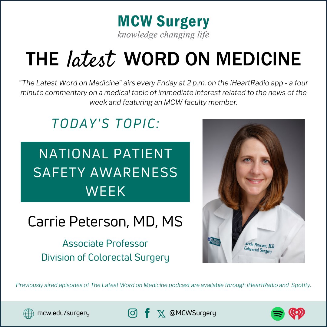 MCW Surgery (@mcwsurgery) on Twitter photo 🎙️The #LatestWordOnMedicine airs at 2PM on <a href="/iHeartRadio/">iHeartRadio</a> & will discuss National Patient Safety Awareness Week with Dr. Carrie Peterson!
Listen here: ow.ly/OrPL50PM7B1
#LeadingTheWay <a href="/MedicalCollege/">Medical College of Wisconsin</a> <a href="/Froedtert/">Froedtert</a> 🎙️The #LatestWordOnMedicine airs at 2PM on <a href="/iHeartRadio/">iHeartRadio</a> & will discuss National Patient Safety Awareness Week with Dr. Carrie Peterson!
Listen here: ow.ly/OrPL50PM7B1
#LeadingTheWay <a href="/MedicalCollege/">Medical College of Wisconsin</a> <a href="/Froedtert/">Froedtert</a>