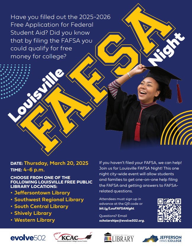 📢 Spread the word! @JCPSLS &amp; <a href="/Evolve502/">Evolve502</a> are collaborating! Join us on March 20, 2025, 4 – 6 PM for the Louisville FAFSA Night. Interpreters will be on hand.Location: 📍Southcentral Public Library
More info here ⏩ bit.ly/3QMarab ⏪
#EquitythroughLanguageAccess
<a href="/JCPSKY/">JCPS</a>