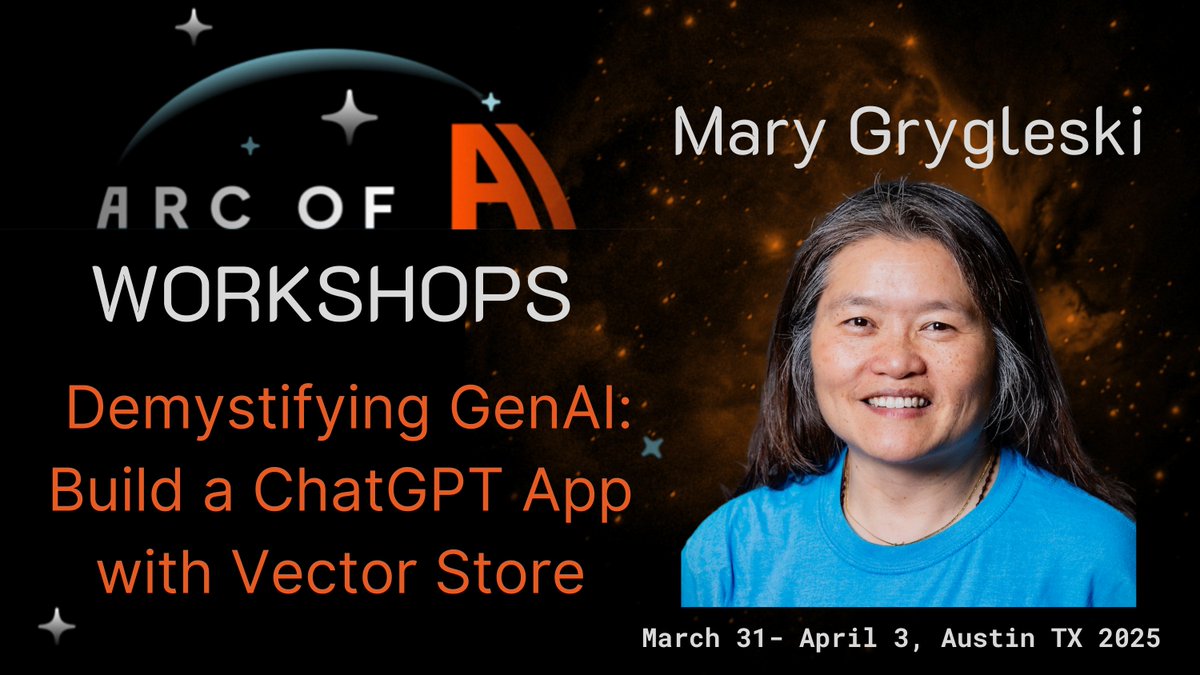 arcofai (@arcofai) on Twitter photo Level-up your skills to the max on one of our AI workshops!
Join <a href="/mgrygles/">Mary Grygleski</a> for her hands-on workshop to learn how to construct a ChatGPT-based app quickly!✨
arcofai.com/program
Use code JOIN-MARY-50OFF for discount!
📅 Mar 31-April 3-Austin, TX
🎟️ arcfofai.com Level-up your skills to the max on one of our AI workshops!
Join <a href="/mgrygles/">Mary Grygleski</a> for her hands-on workshop to learn how to construct a ChatGPT-based app quickly!✨
arcofai.com/program
Use code JOIN-MARY-50OFF for discount!
📅 Mar 31-April 3-Austin, TX
🎟️ arcfofai.com