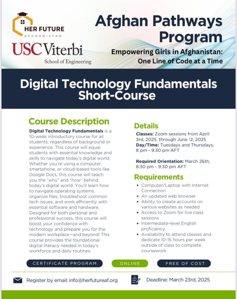 Naheed A. Farid (@faridnaheed) on Twitter photo Resources for girls education in Afghanistan are dwindling, but <a href="/USCViterbi/">USC Viterbi School</a> remains a reliable educational platform for Afghan girls. The Afghan Pathways program, through @HerFutureAf, continues to offer free learning opportunities, including digital technology courses. Build the Resources for girls education in Afghanistan are dwindling, but <a href="/USCViterbi/">USC Viterbi School</a> remains a reliable educational platform for Afghan girls. The Afghan Pathways program, through @HerFutureAf, continues to offer free learning opportunities, including digital technology courses. Build the