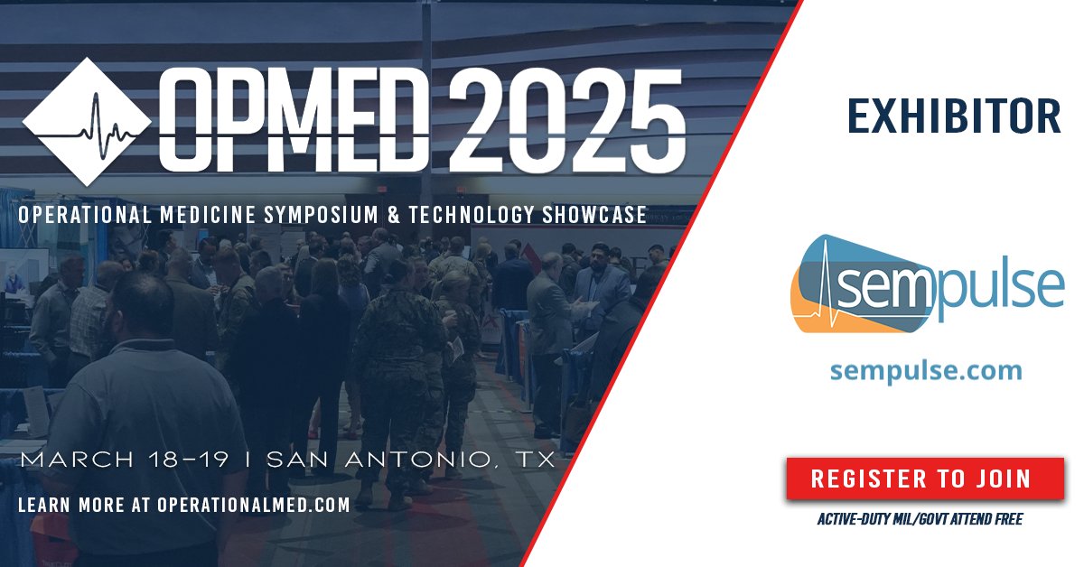 Stop by Booth 123 to see #Sempulse during the #OpMed 2025 Symposium on March 18-19, 2025 in San Antonio, TX. Join us for a demo of the world's first FDA-cleared, multi-parameter health wearable! #EMS #SavesLives #SATX #FDA