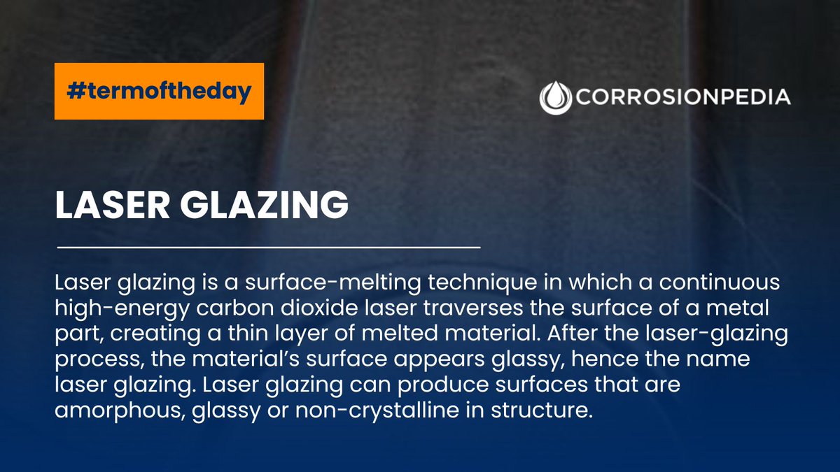 corrosionpedia's tweet image. Laser glazing involves melting a thin surface layer followed by rapid solidification. The resulting surface is super hard, crack free and has high lubricity.
Learn more: buff.ly/0zycDXL 

#LaserGlazing #MetalSurface #CO2Laser #SurfaceTreatment #GlassyFinish
