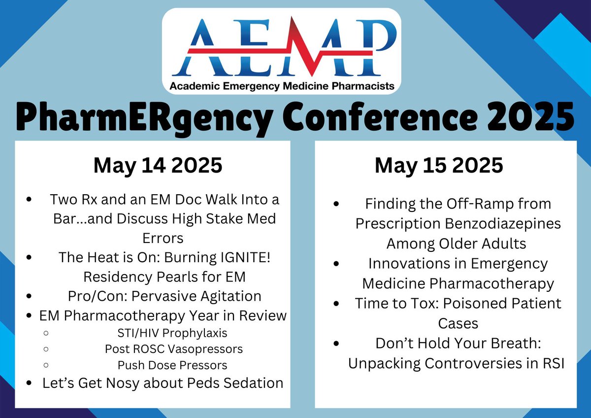 🚨 AEMP 2025 PharmERgency conference!! 
🚑 Check out the line-up of topics we have planned below! More details at buff.ly/dzCnwcq
💊 Highlights of our speakers coming soon! 
🛩️ Register today and plan to join us! buff.ly/dBMxzmq 
#AEMP25 #AEMPlify <a href="/SAEMonline/">SAEM</a>