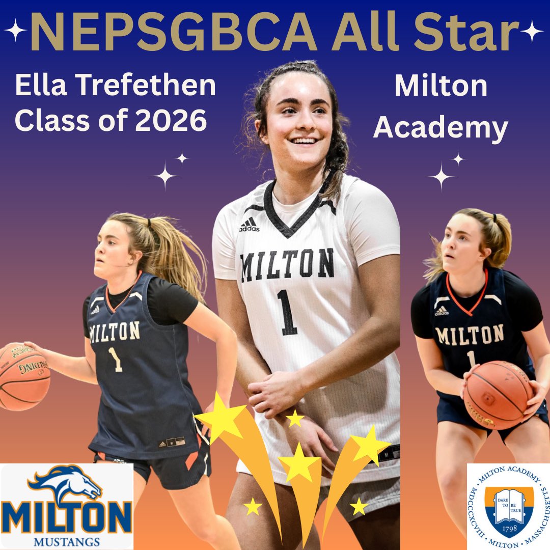 Congratulations Milton Academy Girls’ Basketball junior <a href="/EllaTrefethen/">Ella Trefethen</a> on being named a <a href="/NEPSGBCA/">NEPSGBCA</a> All Star! Ella will be playing in the Class A all star game 11am at Loomis this Sunday, 3/9! Ella is an elite point guard who is a high academic college recruit! #EarnedIt #GoStangs