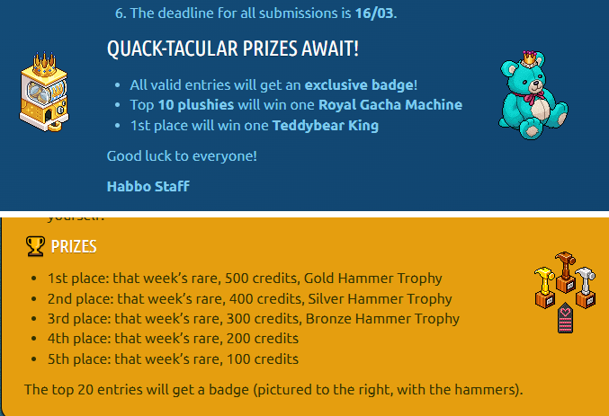 Nailson8888's tweet photo. @Habbo The competition prizes have been pretty bad for a while now, you only offer a 10c furni for the best entries and a 35c rare for 1st place.

Meanwhile, in Habbo Origins, 100 credits and new exclusive trophies are distributed to the best entries.

Can you guys improve it? @Habbo https://t.co/YOmiGM4q9i
