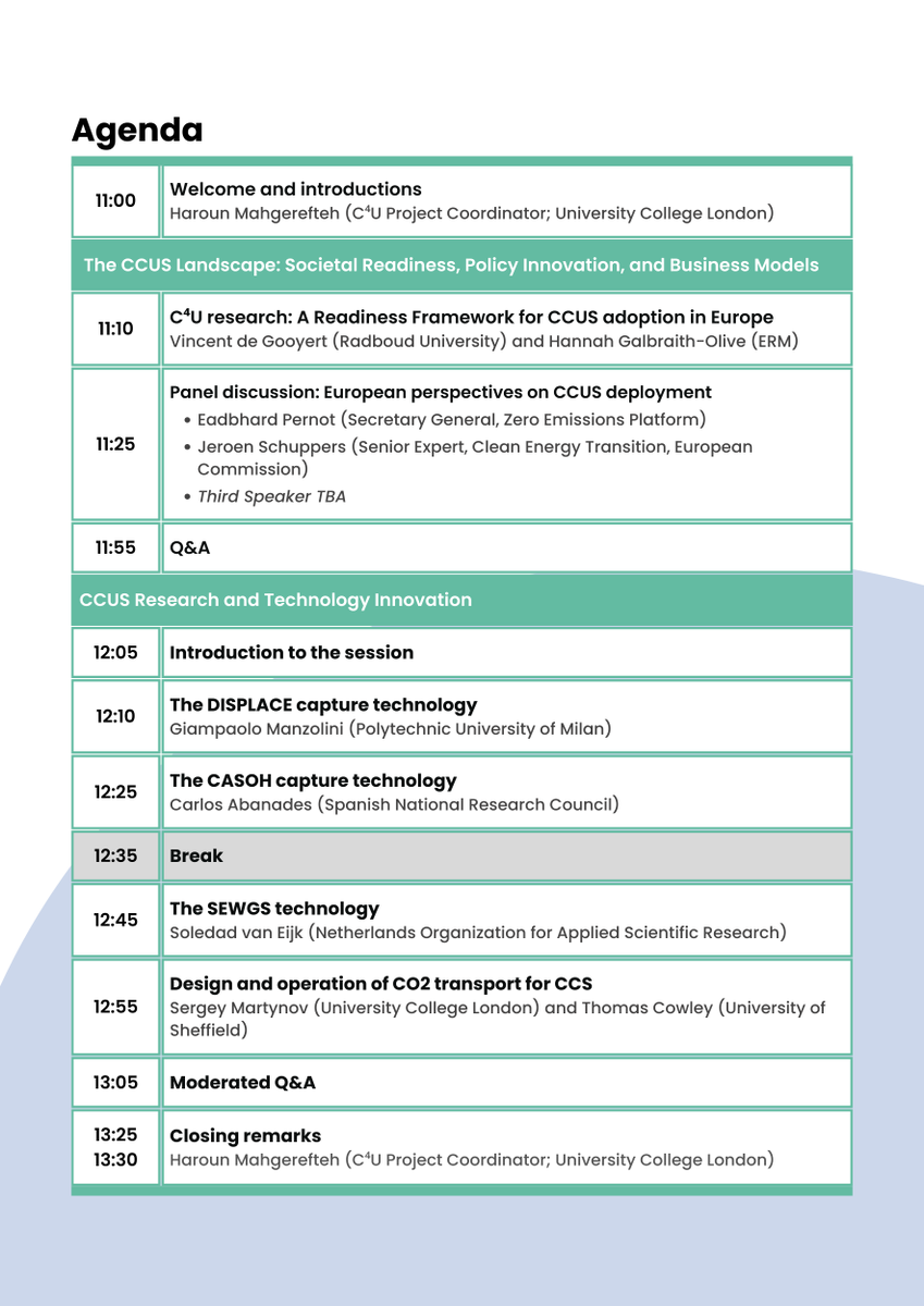 Coming up next week!

The C⁴U Closing Event will include a presentation and panel discussion on Societal Readiness, Policy Innovation, and Business Models for #CCUS deployment and a session on CCUS Research and Technology Innovation.

Register here: c4u-project.eu/project-closin…