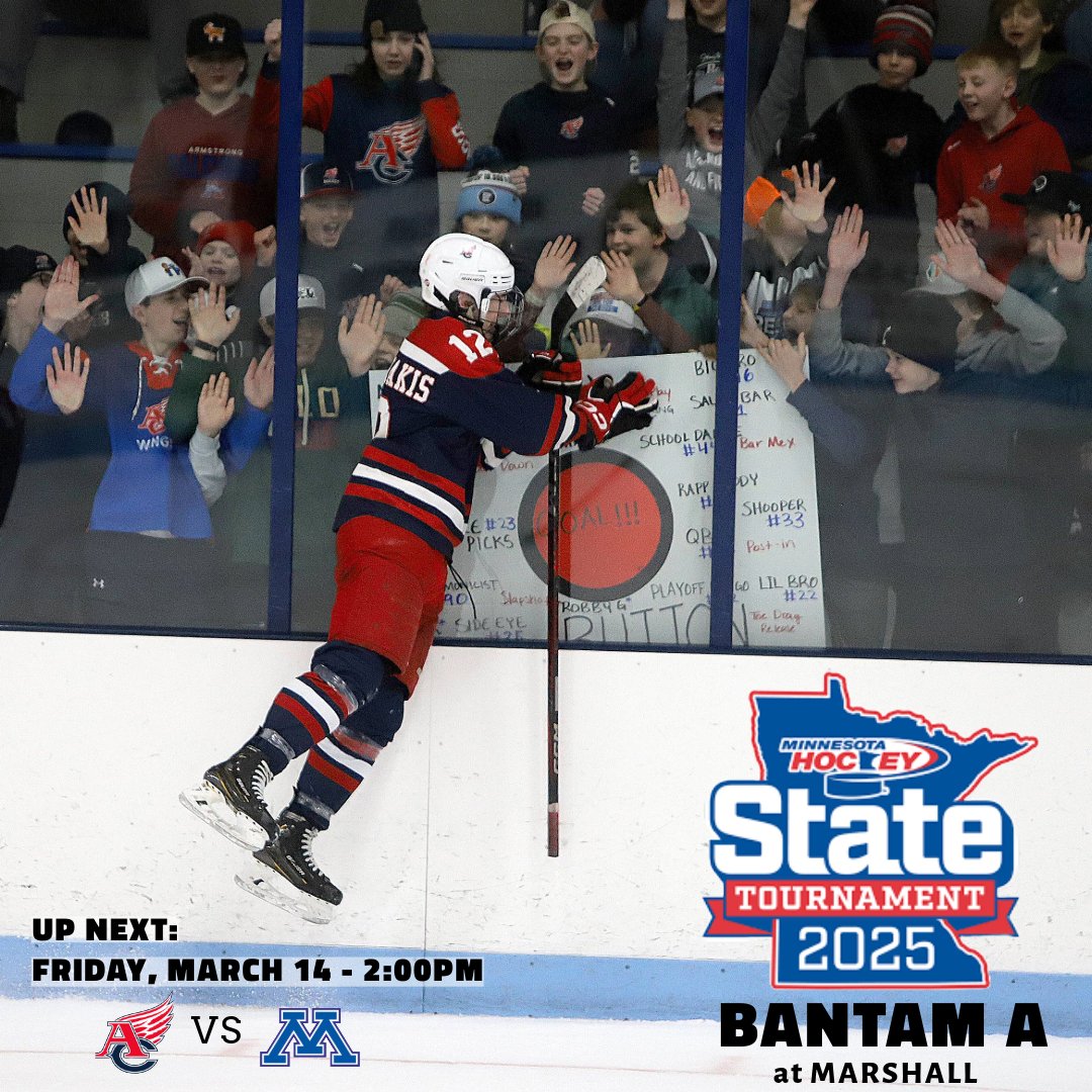 Five Days to Go!

Bantam A State Tournament at Marshall
Fri. March 14 - 2:00pm
<a href="/ACBantamA/">Armstrong Cooper Bantam A</a>  (42-8-5) vs. Minnetonka (36-13-6)

minnesotahockey.org/page/show/8787…
STREAM: mnhockey.tv/youthmnhockeyy…