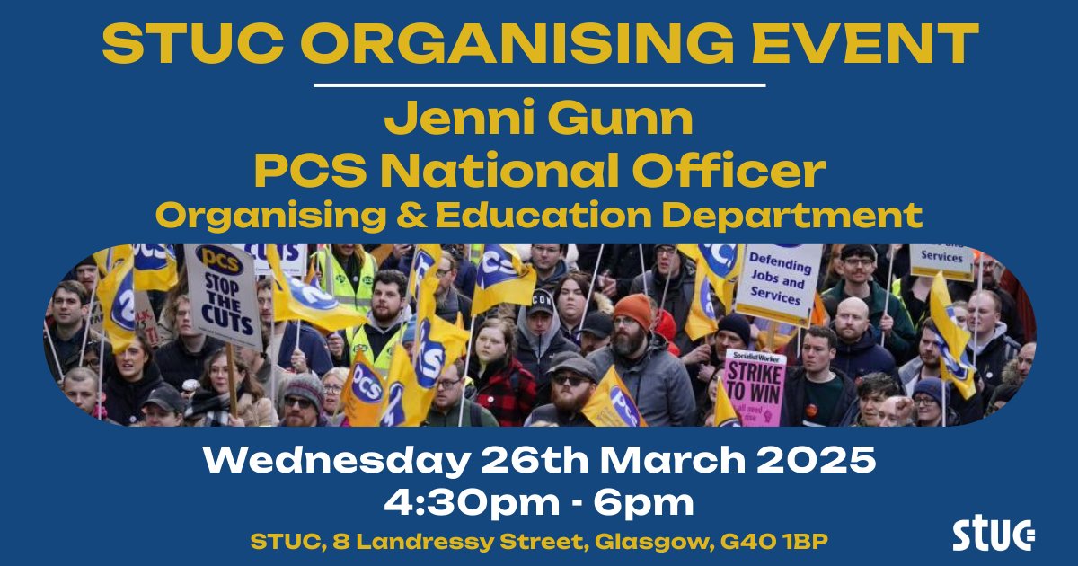 STUC (@scottishtuc) on Twitter photo See details for our next Organising Event. Hear from Jenni Gunn, <a href="/PCS_Scotland/">PCS Scotland</a> National Officer, Organising & Education, on how PCS overcame anti trade union law to win strike ballots across the civil service.
Open to all trade union members.
Register: bit.ly/4imzUmE See details for our next Organising Event. Hear from Jenni Gunn, <a href="/PCS_Scotland/">PCS Scotland</a> National Officer, Organising & Education, on how PCS overcame anti trade union law to win strike ballots across the civil service.
Open to all trade union members.
Register: bit.ly/4imzUmE