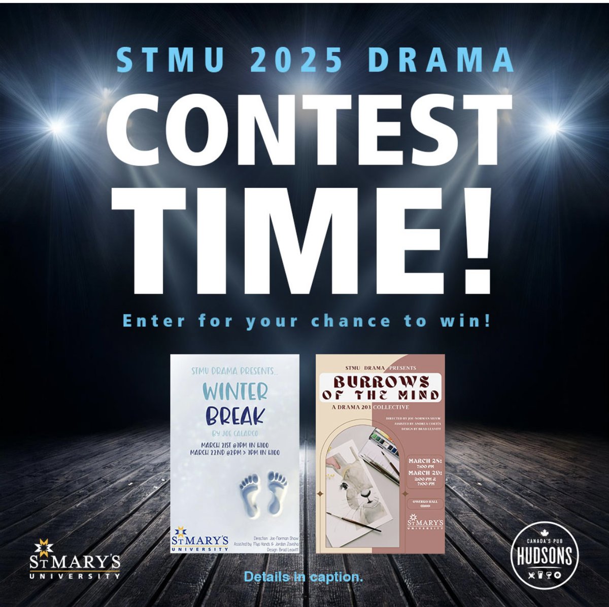 StMarysUC's tweet photo. Do you love the theatre? StMU’s drama program is putting on two plays! Like and comment the person you’d bring with you for your chance to win dinner for two to Hudson’s and the drama production of your choice! The more comments and shares you make the more entries you get! https://t.co/sfNB9AyhNZ