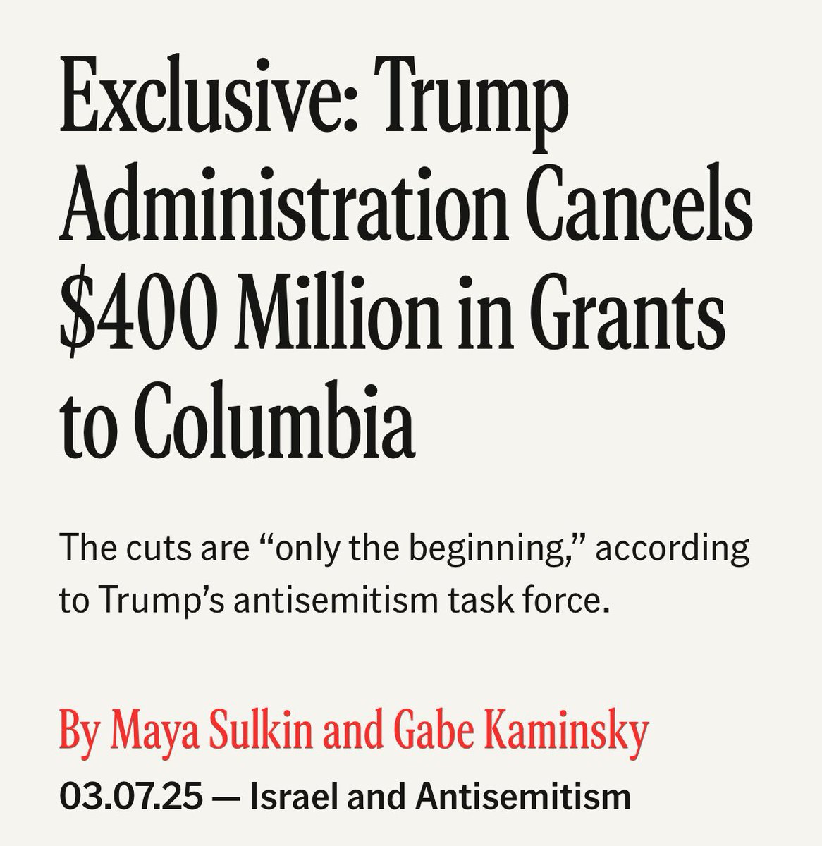 Antisemitism has no place in America — especially on our college campuses. The Trump Administration is right to cancel $400 million in federal funding for <a href="/Columbia/">Columbia University</a> after its repeated failure to confront vile antisemitism and protect Jewish students.