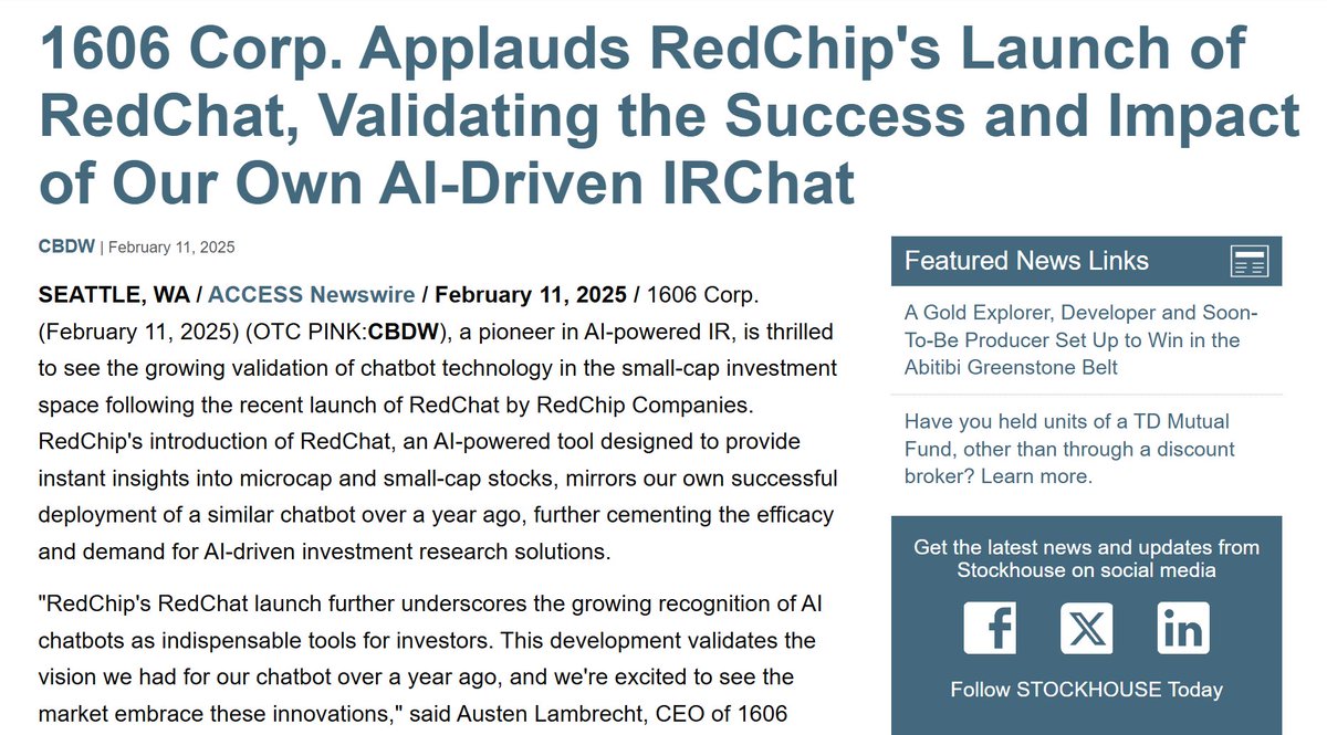 CrusaderStocks's tweet photo. $CBDW 1606 Corp. @CBDWInc Applauds @RedChip's Launch of RedChat, Validating the Success and Impact of Our Own AI-Driven #IRChat https://t.co/8sWZPo1lht @MrSamuelPowers https://t.co/z2luit4XKw