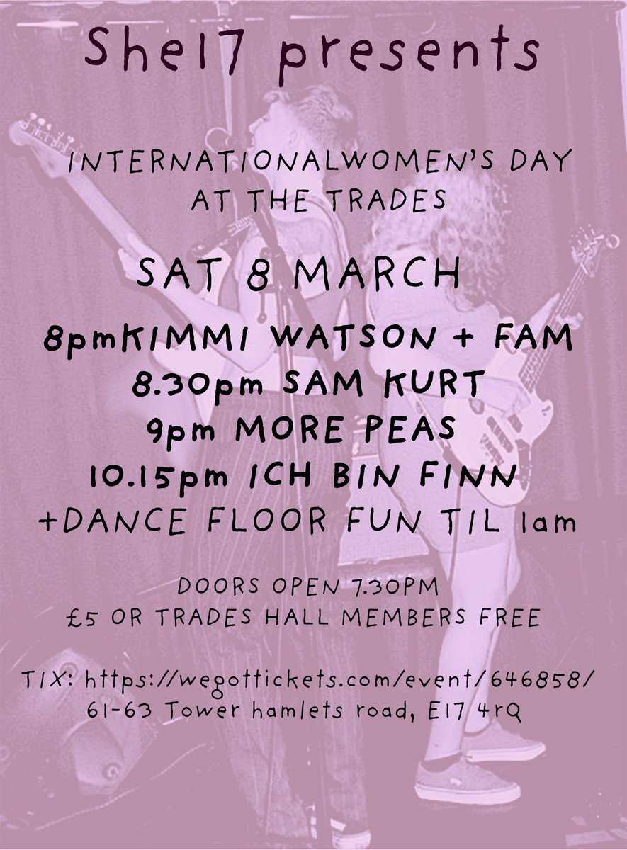 SHE17 (@she17music) on Twitter photo Due to illness the <a href="/ondines/">Ondine Sherman</a> won’t be playing at Tomorrow’s gig. We’ve had a reshuffle - we’ve had a reshuffle 8pm Kimmi Watson & Fam; 9pm More Peas 10.15pm <a href="/ichbinfinn/">Ich bin Finn</a> plus DJ set til 1am tickets still avalaiable here wegottickets.com/event/646858/ or at <a href="/stowtradeshall/">Walthamstow Trades Hall</a> Due to illness the <a href="/ondines/">Ondine Sherman</a> won’t be playing at Tomorrow’s gig. We’ve had a reshuffle - we’ve had a reshuffle 8pm Kimmi Watson & Fam; 9pm More Peas 10.15pm <a href="/ichbinfinn/">Ich bin Finn</a> plus DJ set til 1am tickets still avalaiable here wegottickets.com/event/646858/ or at <a href="/stowtradeshall/">Walthamstow Trades Hall</a>