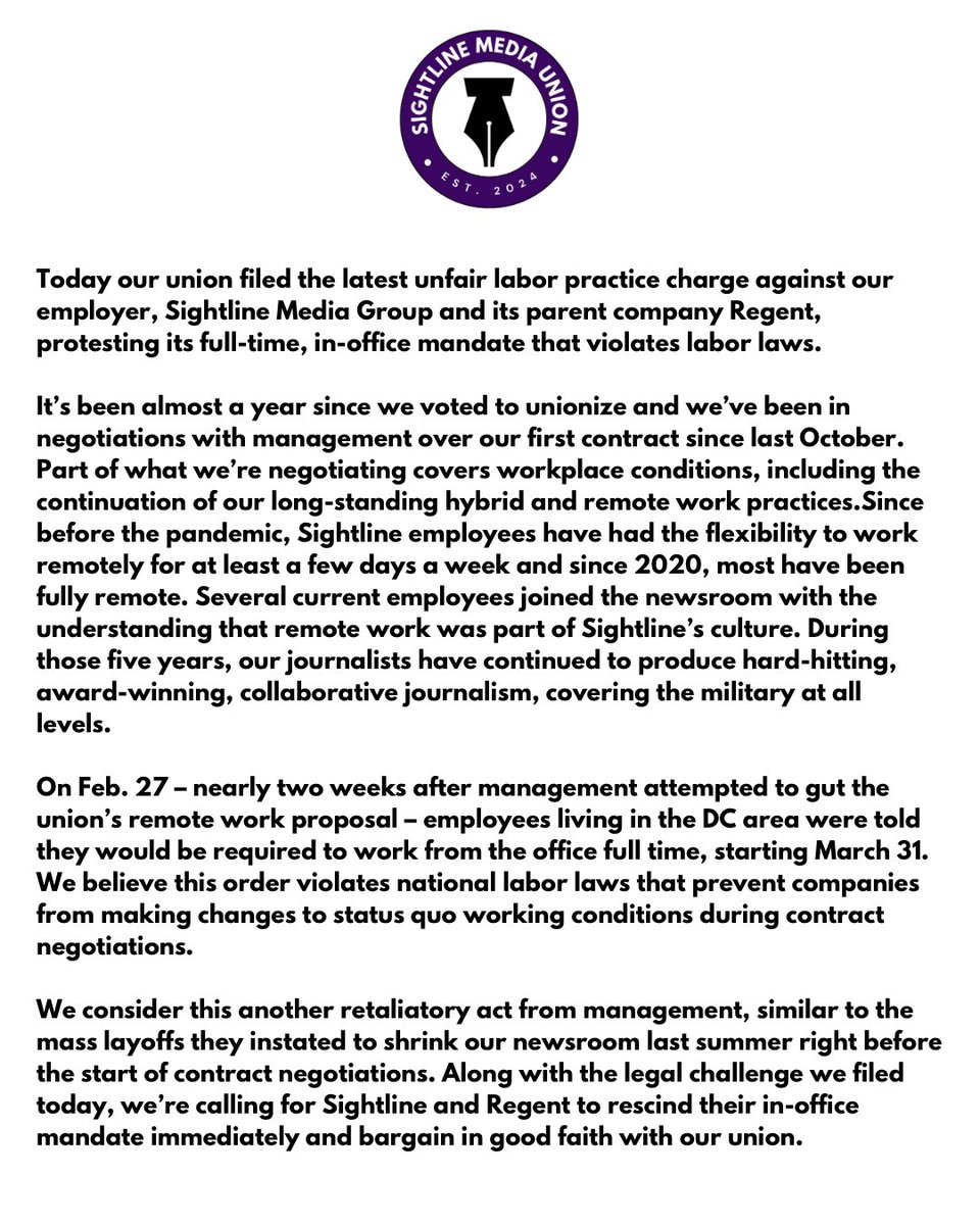 SightlineUnion's tweet image. Today we filed the latest unfair labor practice charge against @Sightlinemedia protesting the full-time in-office mandate they just dropped. Please retweet this and tell @mortgreenberg, @kellyfacer15 and Regent to rescind this order and bargain with @SightlineUnion in good faith.