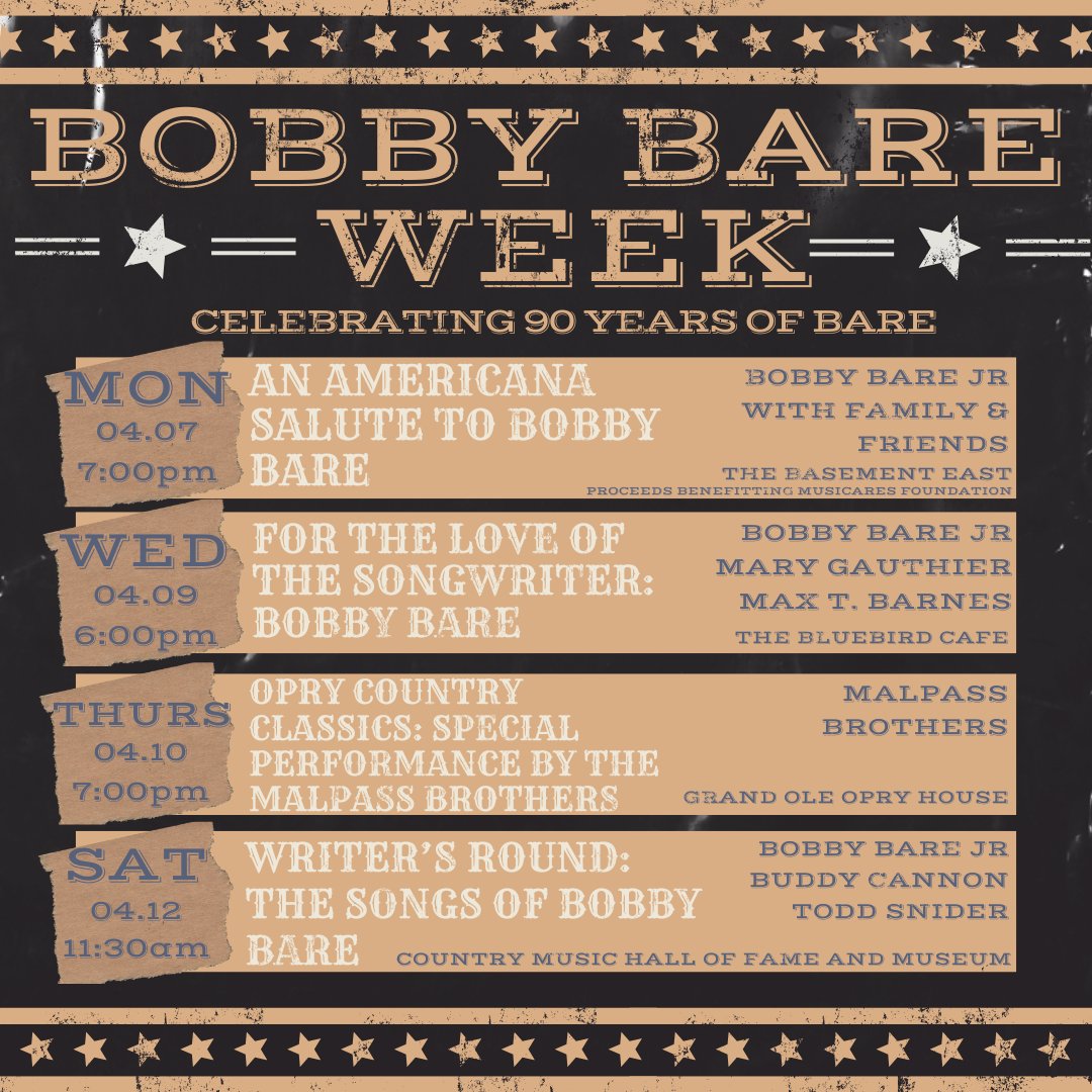 117Group's tweet photo. Bobby Bare Week Announced in Nashville to Celebrate Country Legend’s 90th Birthday April 7! Country Music Hall of Fame and Museum, Grand Ole Opry, Americana Music Association, The Bluebird Cafe, and The Basement East to Participate in the Celebration. 

https://t.co/51F4LYElRe https://t.co/i9a8xSqGch