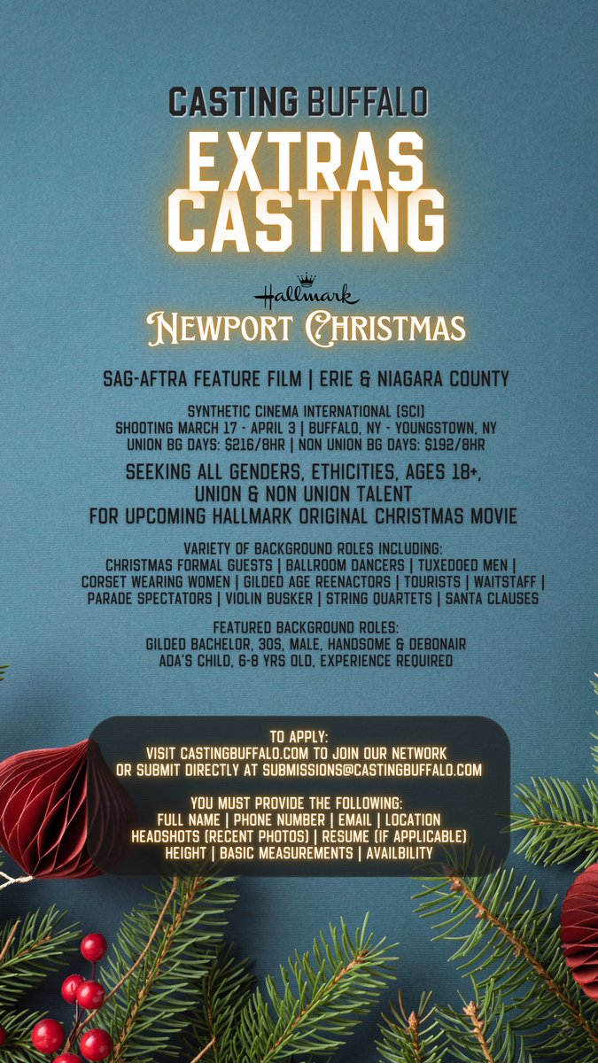 CastingBuffalo's tweet photo. 🎬✨ Be in a Hallmark Christmas movie! Newport Christmas is filming in Buffalo, NY (March 17 - April 3), and Casting Buffalo is seeking background extras (18+). 🎄
Apply now! 🎥➡️ https://t.co/Zs0a59YEse
#CastingCall #BuffaloNY #HallmarkChristmasMovie #NowCasting #MovieExtras https://t.co/2aypPCQef7