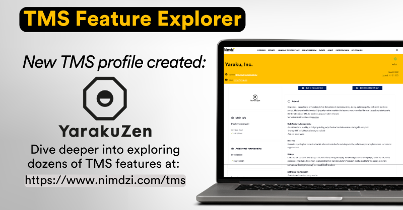 Nimdzi_Insights's tweet photo. 🔍 TMS Spotlight: @YarakuZen_com
Discover YarakuZen, the AI translation platform that streamlines localization!

Thanks to Hiroki Kudo and the team for their collaboration!

For tailored TMS evaluations, contact Nimdzi at research@nimdzi.com.
#LocalizationTech #AITranslation
