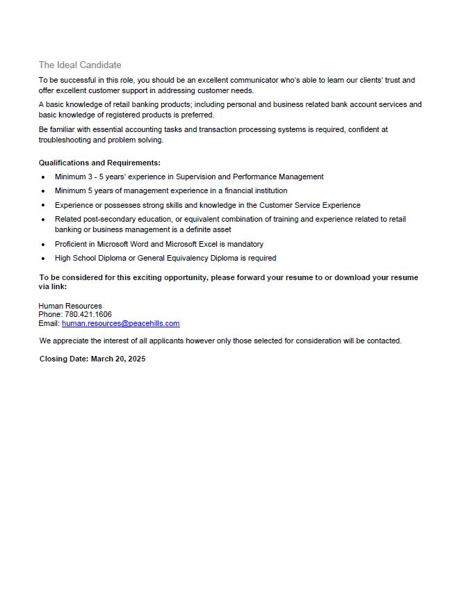 <a href="/PeaceHillsTrust/">Peace Hills Trust</a>  Winnipeg &amp; Fort Qu'Appelle are ISO you! Apply now and join the team. Check out the postings below or go to out website: peacehills.com/index/careers

#jobopportunity #hiringalert #ApplyNow