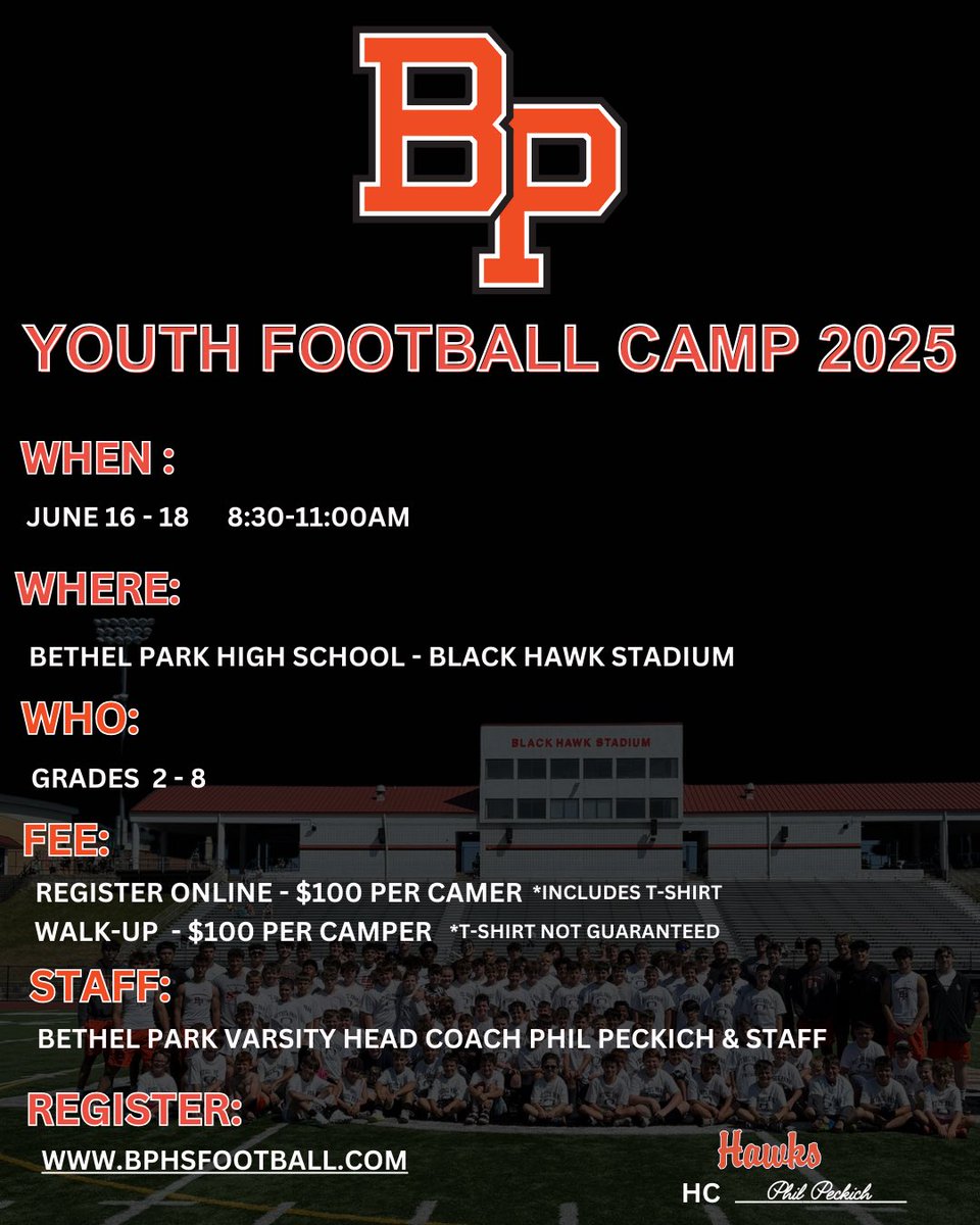 Attention all young athletes! 

The BP Football Program is hosting an Elite Football Camp this summer

Don't miss out on this amazing opportunity to take your football game to the next level! Spots are limited, so be sure to sign up today!

Register Here bphsfootball.com/youth-clinic-r…