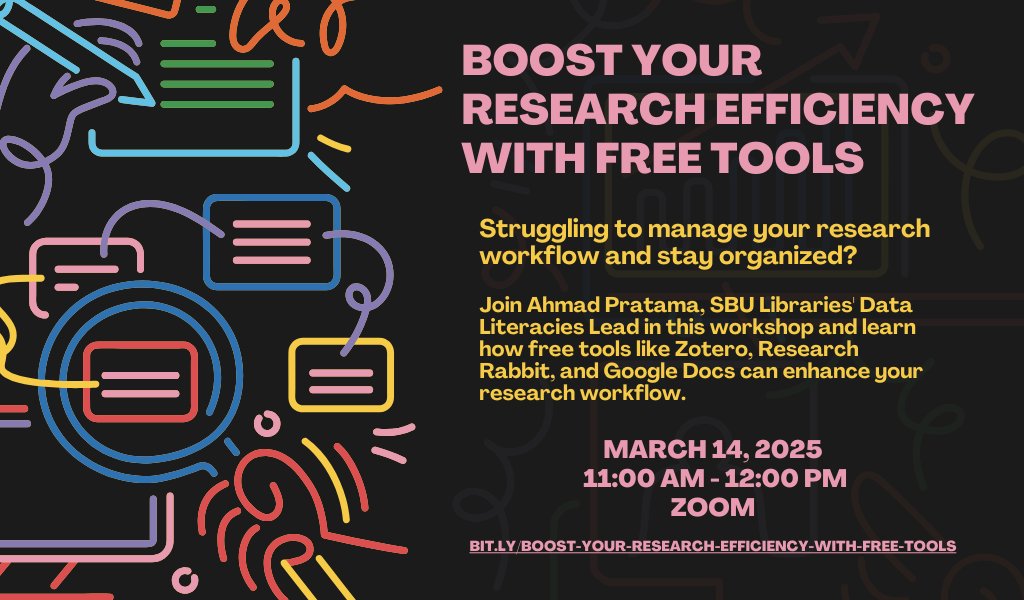sbulibraries's tweet image. Struggling with your research efficiency? Join Librarian Ahmad Pratama in this workshop to learn tools that can help boost your research efficiency while being organized!
#ResearchTools #Researchworkflow #SBULibraries