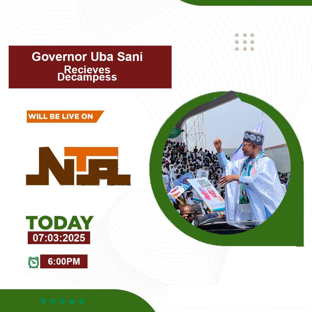 AIRING ON NTA TODAY

Documentary: APC Welcomes Decampees in Kaduna 

Join us as we bring you a special documentary on the APC receiving decampees in Kaduna State, led by Governor Uba Sani.

Time: 6:00 PM
Date: Today, March 7 2025

Don't miss it! Tune in to All NTA Platforms