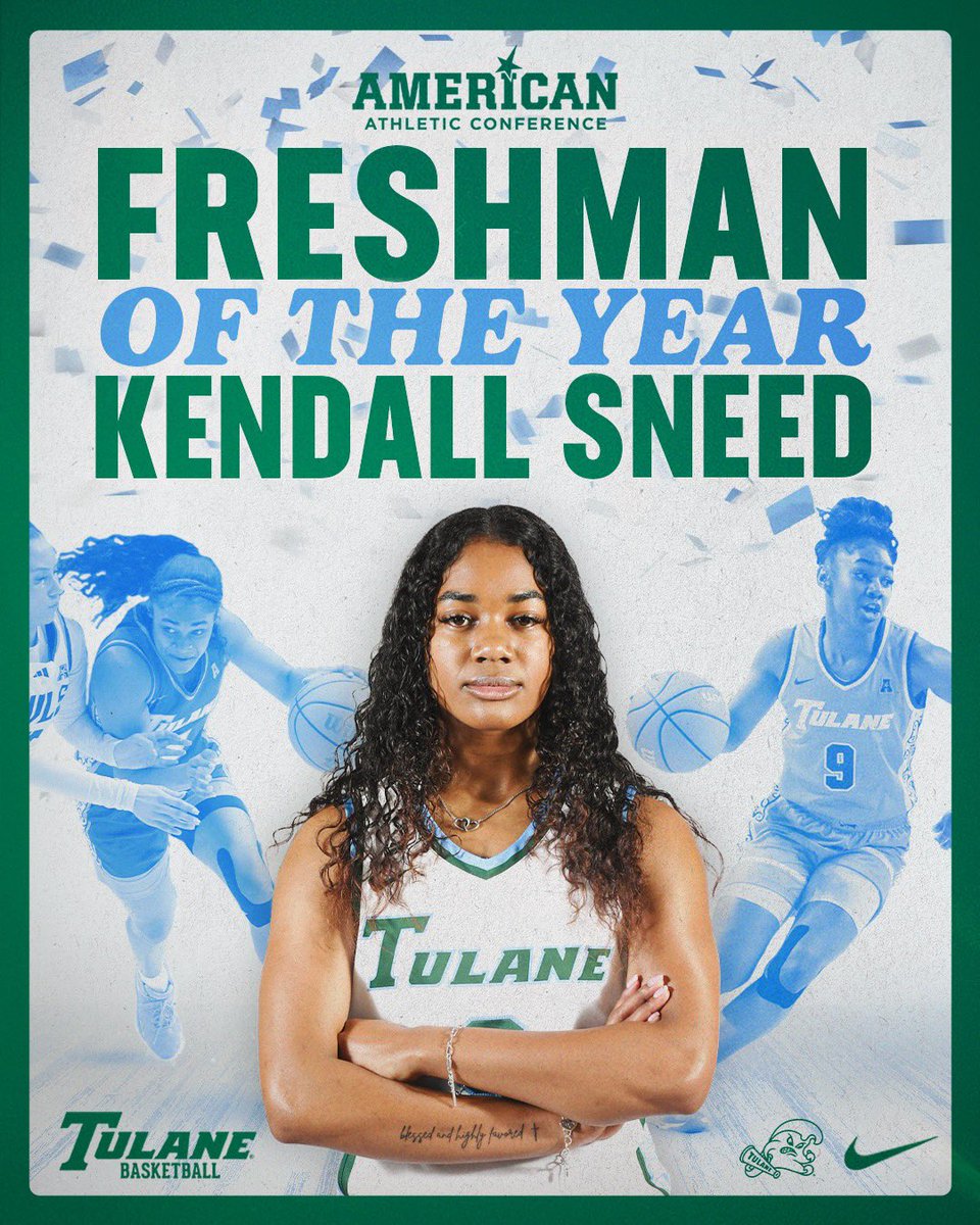 GreenWaveWBB's tweet image. 𝐅𝐑𝐄𝐒𝐇𝐌𝐀𝐍 𝐎𝐅 𝐓𝐇𝐄 𝐘𝐄𝐀𝐑 🏆
Kendall Sneed has been named as the American Athletic Conference’s Freshman of the Year!
Sneed earned AAC Freshman of the week six times this season 💪
#RollWave🌊