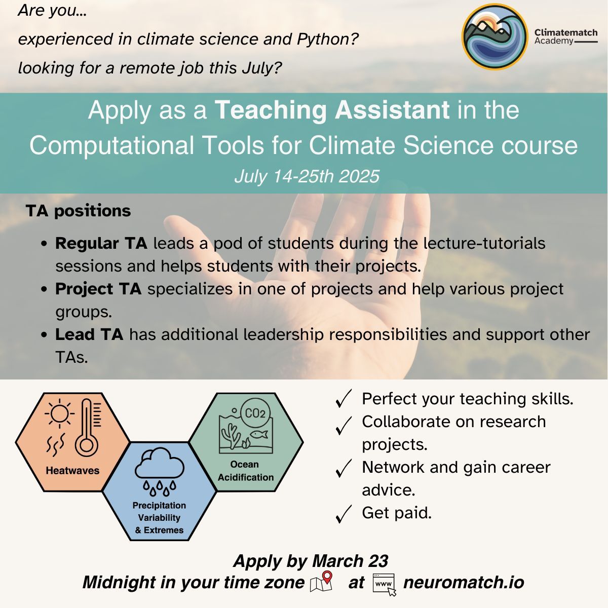 climatematch's tweet photo. 🌍✨ Want to make a difference in climate science? Apply to be a Teaching Assistant for ClimateMatch Academy's Computational Tools for Climate Science (Course Dates: July 14 - 25, 2025)! 💻🌱 Ready to help shape the future of climate research? Apply now: https://t.co/3hiKeovxrm https://t.co/40CK2xBdCE