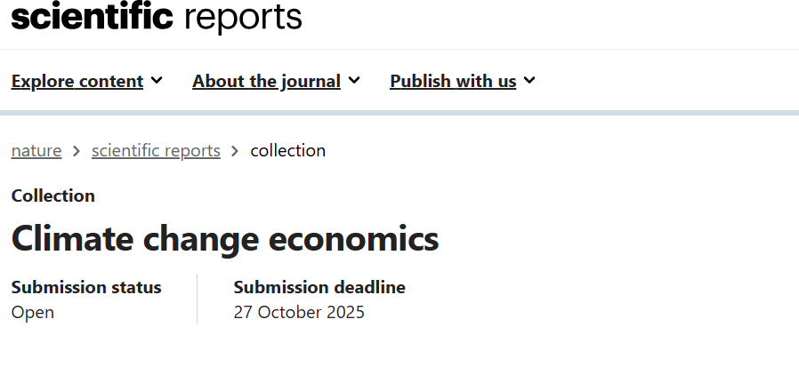 festradaCCA's tweet photo. Calling for your paper for the upcoming collection
Climate change economics
I’m honored to be serving as the collection’s Guest Editor
and eager to read your submission. Learn more about the
collection and how to contribute @NaturePortfolio :
https://t.co/t6xlBhnSqw https://t.co/u5pSxdj0Ky