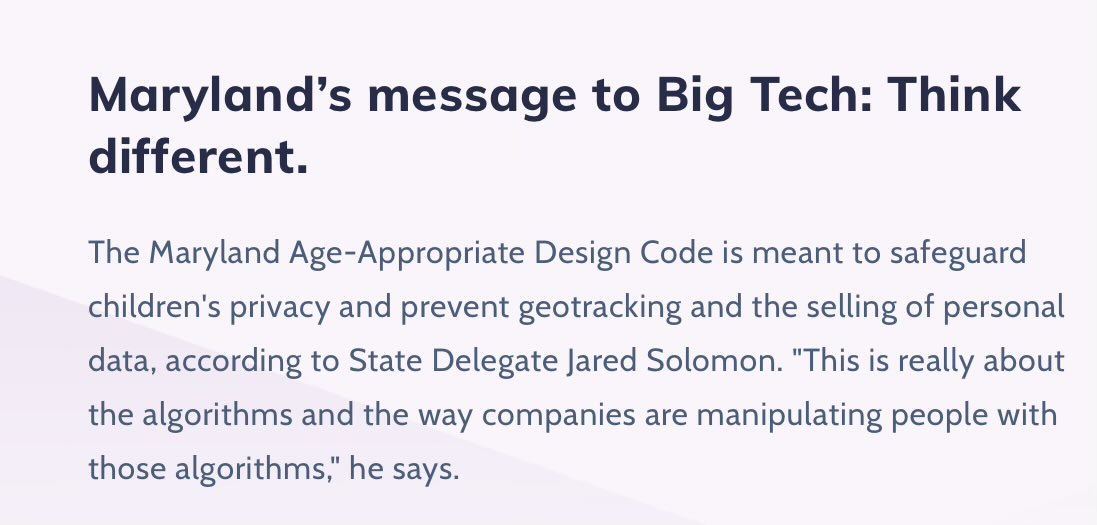 Tech_Oversight's tweet image. “This is really about the algorithms and the way companies are manipulating people with those algorithms” – Maryland Del. @jaredssolomon talks w/NPR about his state’s trailblazing #KidsCode law