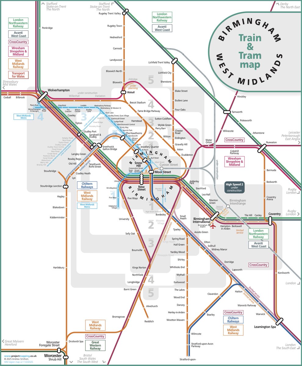 Latest Birmingham West Midlands map with Camp Hill line and Wrexham Shropshire &amp; Midland Railway planned new services. Birmingham in a circle to show city centre stations without repetition. Shows all rail and tram stations. projectmapping.co.uk/Reviews/Resour…