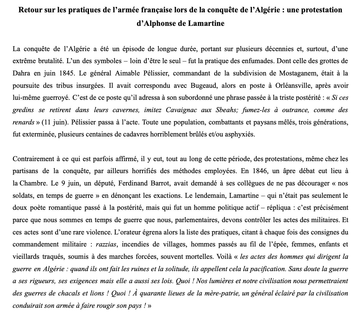 AlainRuscio's tweet photo. Le plus étonnant, dans les protestations qui ont accompagné la sortie de @jmaphatie… est l’étonnement de bien des politiciens et autres observateurs. Les ravages de la conquête de l’Algérie furent connus (et dénoncés) dès les premiers temps. 
Comme par exemple par Lamartine ⤵️ https://t.co/lLFkqo4Dha
