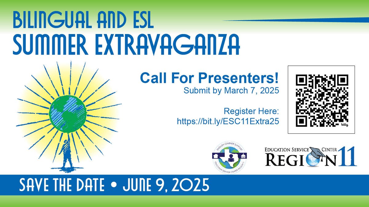 ESC11 English Learner Support (@esc11bil_esl) on Twitter photo CALL FOR PROPOSALS EXTENDED--5th Annual R11 Bilingual and ESL Summer Extravaganza! Submit your proposals here: forms.gle/6jSBJyoAESCzsF… or follow the QR code. Due by March 21, 2025. <a href="/ESCRegion11/">ESC Region 11</a> CALL FOR PROPOSALS EXTENDED--5th Annual R11 Bilingual and ESL Summer Extravaganza! Submit your proposals here: forms.gle/6jSBJyoAESCzsF… or follow the QR code. Due by March 21, 2025. <a href="/ESCRegion11/">ESC Region 11</a>