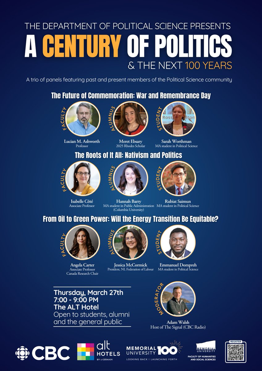Memorial Politics (@memorialpolisci) on Twitter photo 🚨Department of Political Science Presents🚨
As part of #MemorialU100 <a href="/MemorialU/">Memorial University</a>
Thursday, 27th March at 7pm-9pm The ALT Hotel
moderated by CBC's Adam Walsh
"A Century of Politics & the Next 100 Years"
Register for the event at:
eventbrite.com/e/a-century-of… 🚨Department of Political Science Presents🚨
As part of #MemorialU100 <a href="/MemorialU/">Memorial University</a>
Thursday, 27th March at 7pm-9pm The ALT Hotel
moderated by CBC's Adam Walsh
"A Century of Politics & the Next 100 Years"
Register for the event at:
eventbrite.com/e/a-century-of…