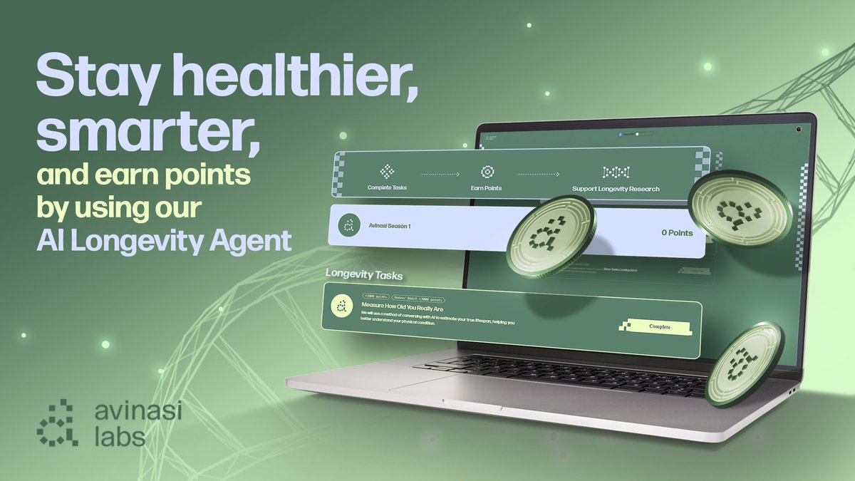 avinasilabs's tweet photo. 🧬Extend your lifespan, earn rewards! Engage with our AI Longevity Agent at https://t.co/Kae9ZMGnun, earn points, and secure your share of the Avinasi airdrop. 

More tasks drop next week, get a head start now! #Longevity #AI #Airdrop https://t.co/KS9gRDBdKw
