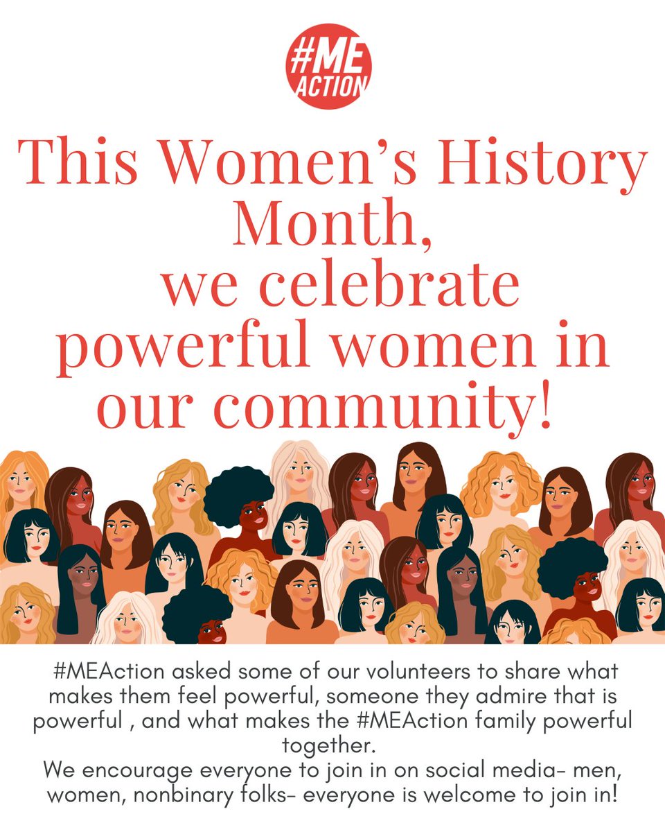 MEActNet's tweet photo. March is #WomensHistoryMonth &amp; tomorrow is #InternationalWomensDay!  We want to celebrate the amazing women in our community.

Details: https://t.co/uprhGmTN9Q

At a time where it is easy to feel powerless, it is good to remember the power we have.

#pwME #MECFS #LongCovid https://t.co/9fnW1zCUkF
