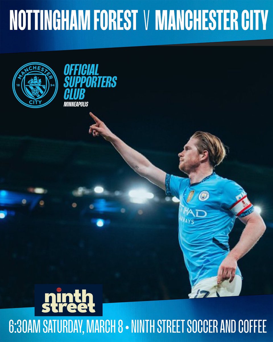 ⏰ Set those alarm clocks and join us tomorrow morning at Ninth Street Soccer and Coffee! ⏰

Forest vs Manchester City FC
6:30am tomorrow @ninthstreetmpls 

#Champions4inarow #manchestercity #mancity #mancityosc #mancityus #twincityzens #PL #NFOMCI