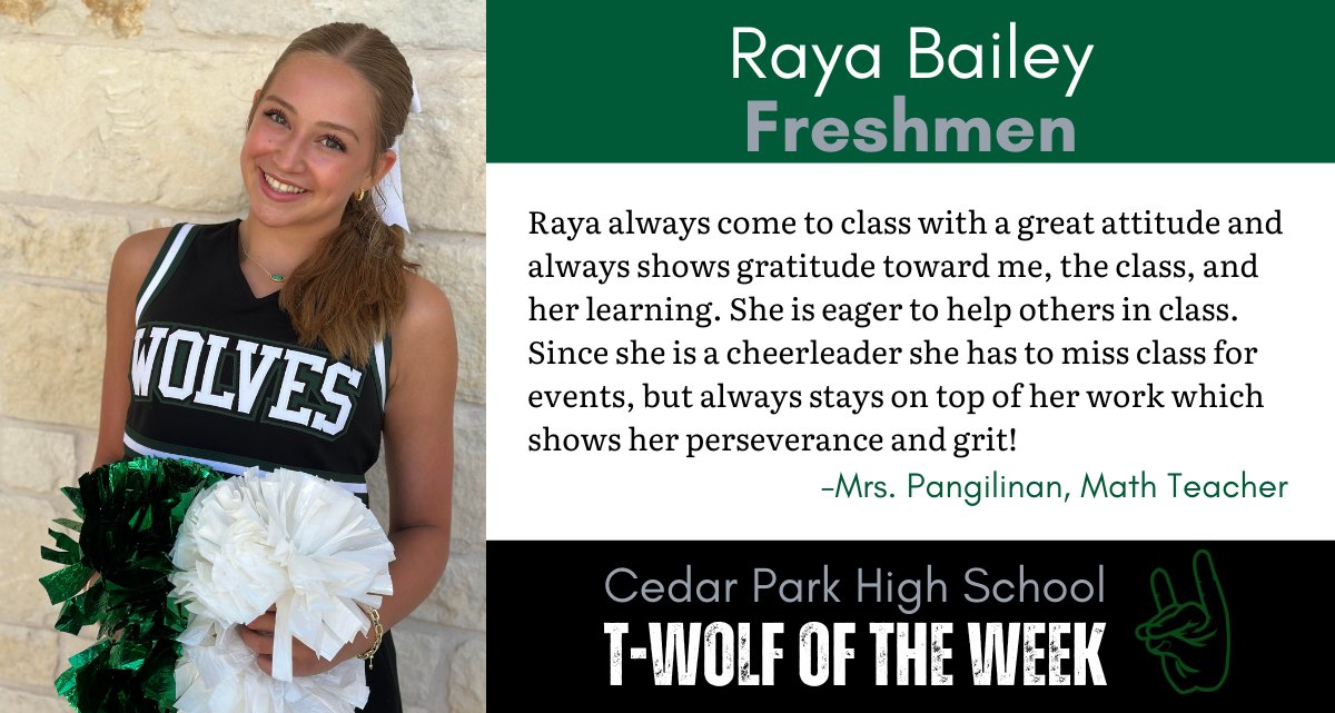 📣 T-Wolf of the Week: Raya Bailey! 🐺✨

Raya balances academics and cheer with determination and positivity. She stays ahead in class, supports her peers, and never backs down from a challenge. A true example of grit and school spirit! 👏 #TWolfOfTheWeek #CPProud