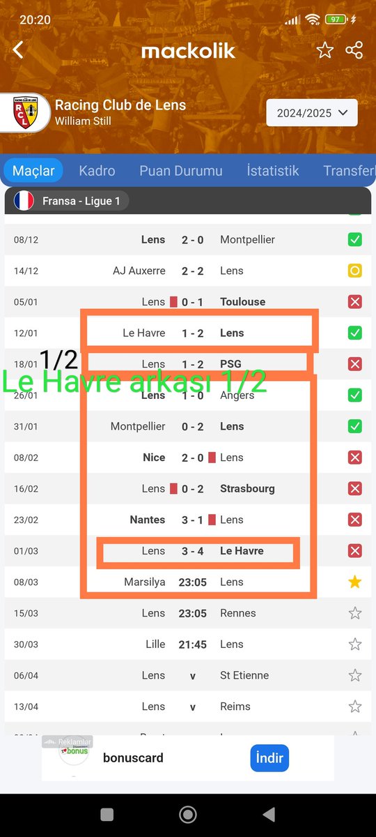 Geçen hafta beklediğim marsilya yapmadı. Bu hafta hem kendinde hem rakibi lens'de detaylar var. Lens'in le havre den sonra 1/2 yapması ve şimdi yine le havre peşine oynaması. Ayrıca garip bir şekilde 2 le havre maçından önce de, kırmızı kart görmesi. 2 ayrı detayım daha var. ✍️✍️