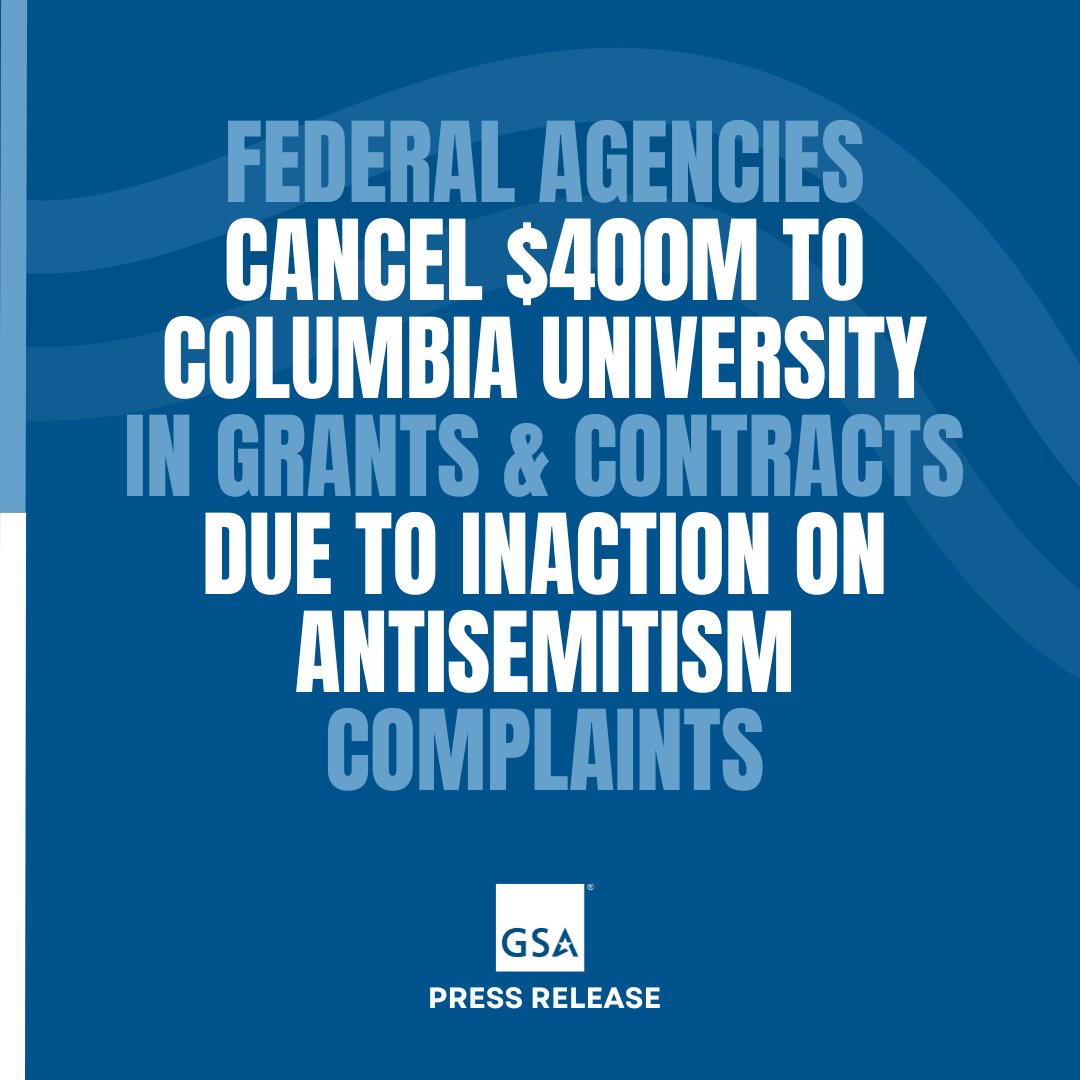 As part of ongoing efforts to combat antisemitism, <a href="/TheJusticeDept/">U.S. Department of Justice</a>, <a href="/HHSGov/">HHS</a>, <a href="/usedgov/">U.S. Department of Education</a> &amp; <a href="/USGSA/">GSA</a> cancel $400M in grants &amp; contracts to <a href="/Columbia/">Columbia University</a>. This represents an initial step, with further funding reviews &amp; potential cancellations under review.
➡️ ow.ly/5TSr50VcQ2k